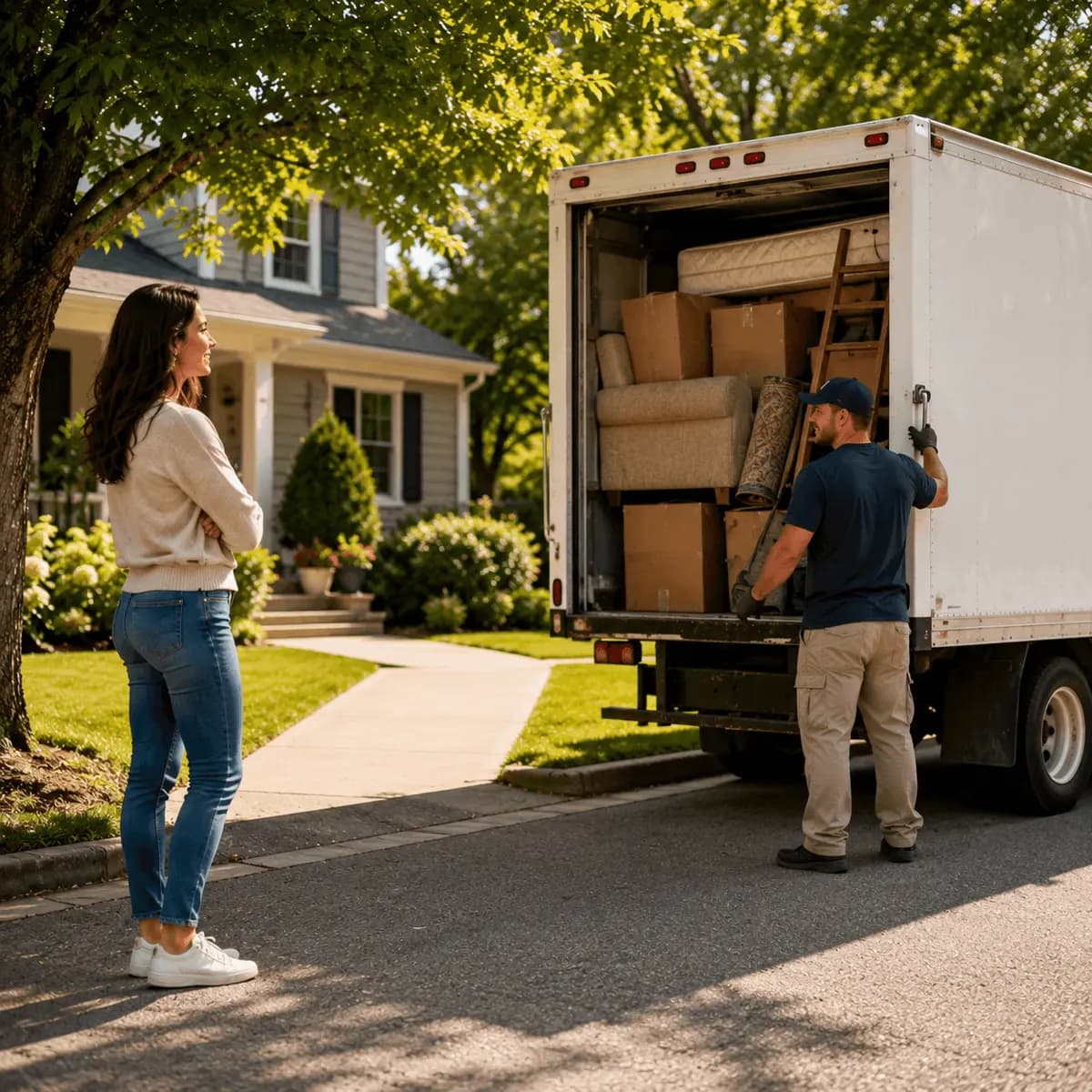 Homeowner watching a Pro load items into a junk-removal truck